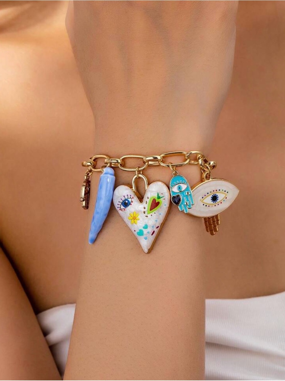 Gold Charm Bracelet with Blue & White Evil Eye Charms - Picture 2 of 3